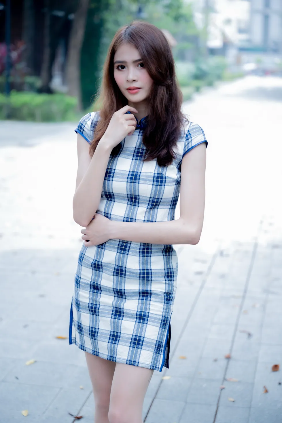 [Mzsock] NO.205 He Jiaxin plaid short cheongsam stockings high heels beautiful legs street photography#[84P]-44